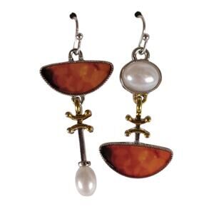 Abstract Drop Earrings Orange Half Moon Pearl Dangle Mixed Metal Boho Style